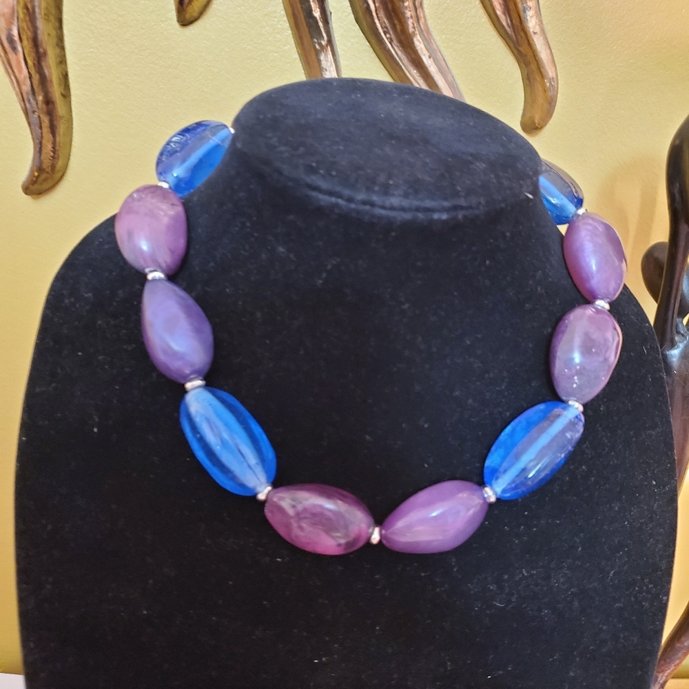 Chunky Purple Glass Lucite Bead Necklace 16" w/2" Ext